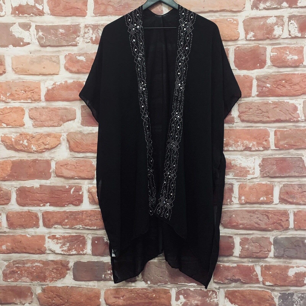 Jessica McClintock Kimono Top OS Womens Black Rhinestone Open Front Topper Shrug - Picture 7 of 9